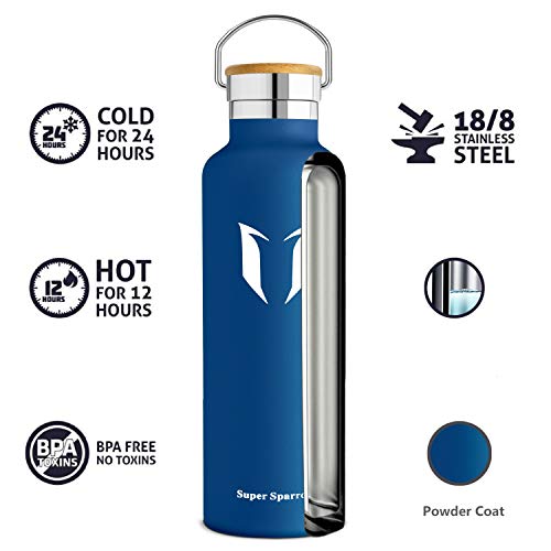 Super Sparrow Stainless Steel Water Bottle - 750ml - Vacuum Insulated Metal Water Bottle - Standard Mouth Flask - BPA Free - Straw Water Bottle for Gym, Travel, Sports