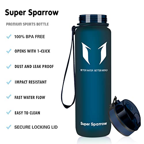 Super Sparrow Sports Water Bottle - 1000ml - Non-Toxic BPA Free & Eco-Friendly Tritan Co-Polyester Plastic - For Running, Gym, Yoga, Outdoors and Camping